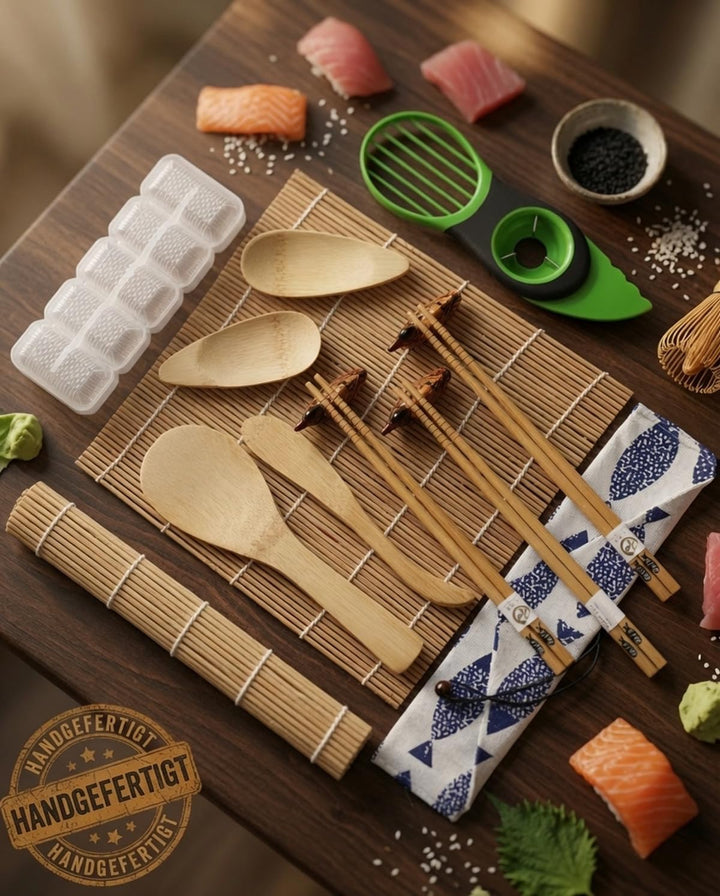 Sushi Set 14-teilig - Bambus Sushi Maker Kit Rollmatte für Anfänger - 2 Matten, 3 Paar Essstäbchen m