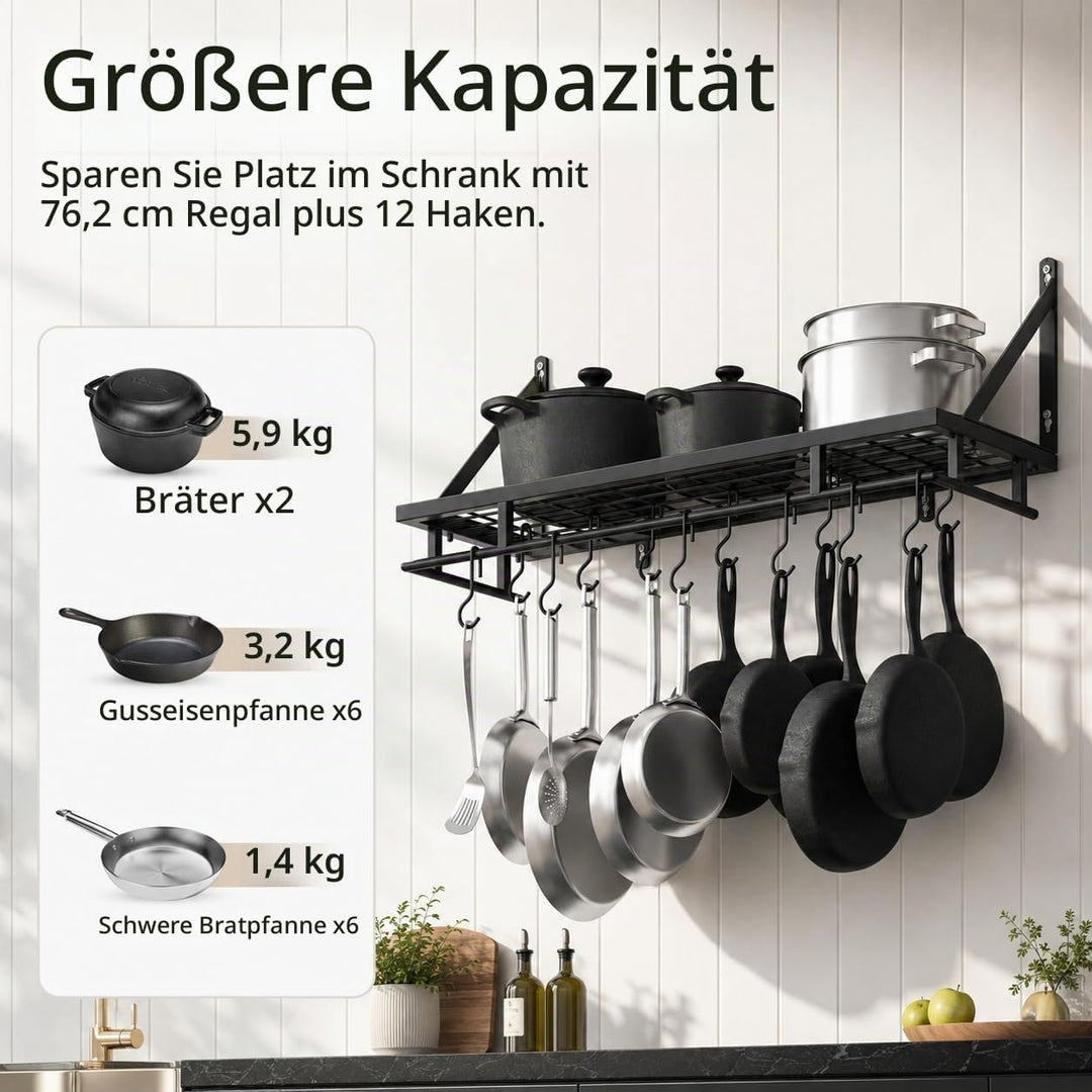 KES Küchenutensilienhalter Pfannenhalter Küchenregal Küche mit 12 Haken Hängeregal Gewürz Pfanne Reg