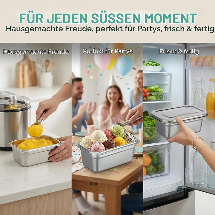 PRETYZOOM Eisbehälter für Speiseeis, 2 Stück 0.6L Edelstahl Eiscremebehälter mit Deckel, Luftdichter