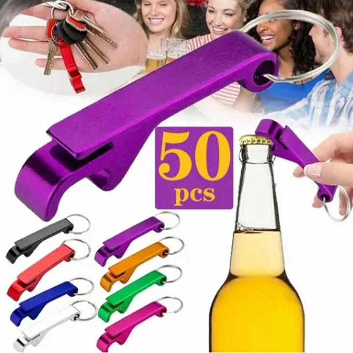 50 stücke Schlüsselanhänger Flaschenöffner Aluminiumlegierung Mini Tasche Bier Getränkeöffner Bunte