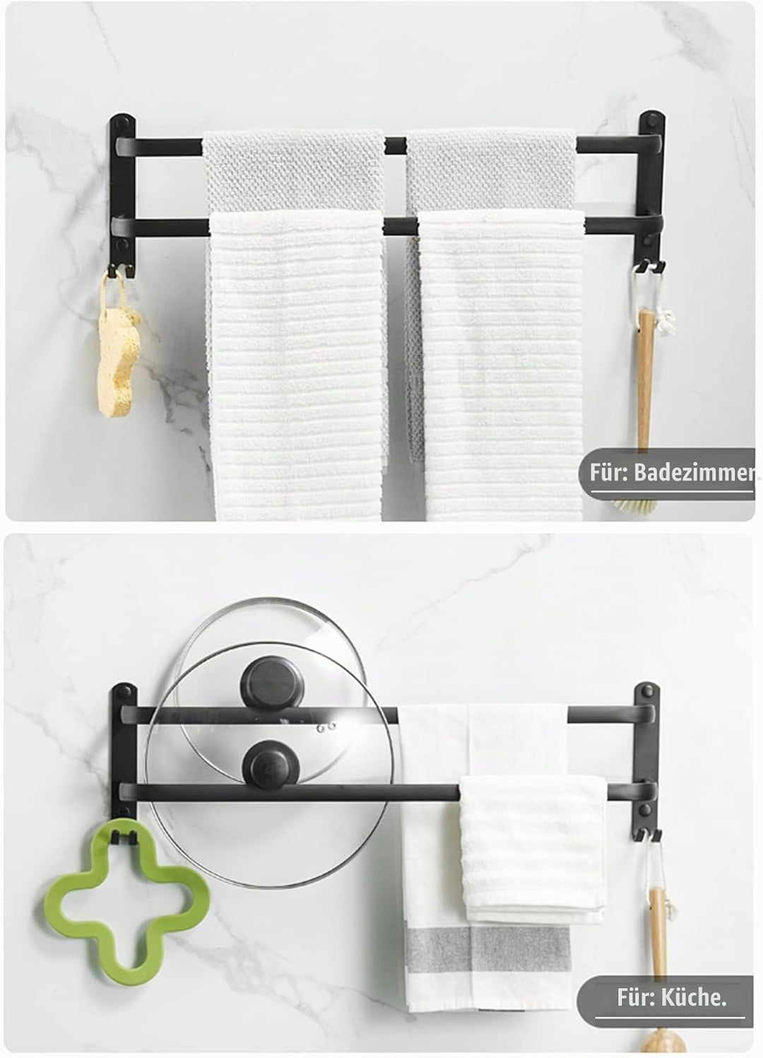 Badezimmer Handtuchhalter, Handtuchregal Schwarz Matt Handtuchstange mit Handtuchhaltern und Haken-D