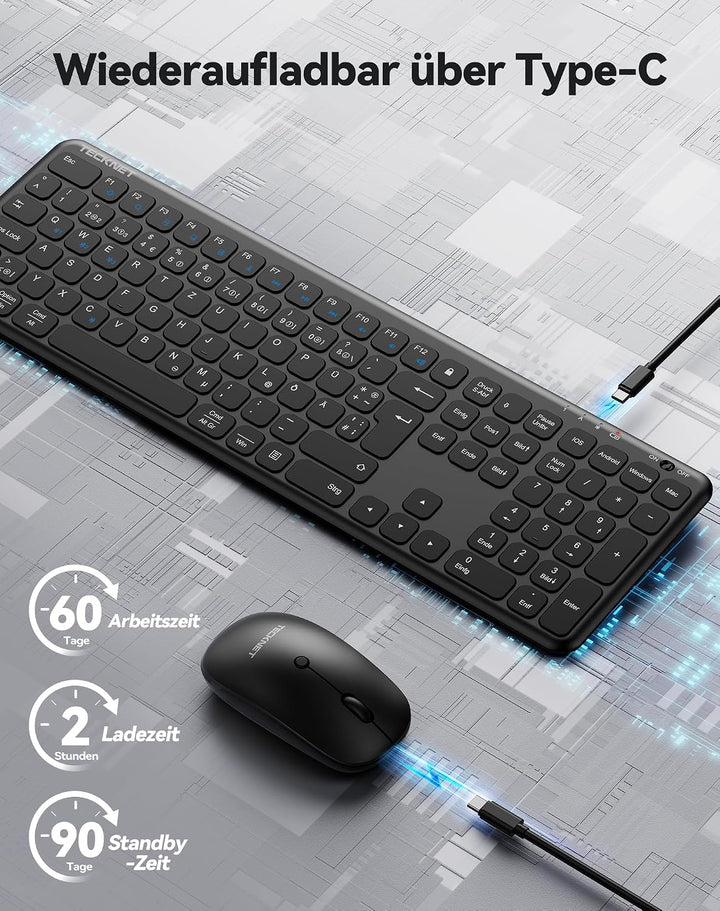 TECKNET Tastatur Maus Set Kabellos, Wiederaufladbare Ultradünne Bluetooth Tastatur mit Maus, Deutsch