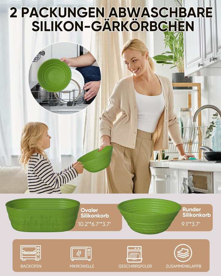 Sauerteig Starterset aus 2x Gärkörbchen Silikon 1000ml Gärglas mit Spatel,Brot Backen Zubehör Teigsc