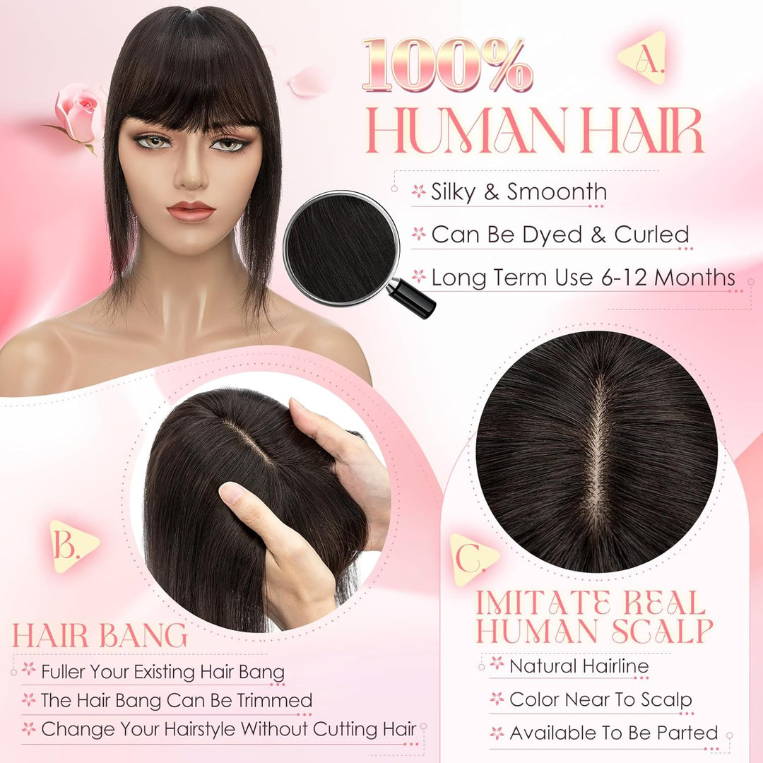 Topper Extensions mit Fringe Haartopper für Frauen 150% dichte Haarteile Clip in 7 * 13cm Basis weic