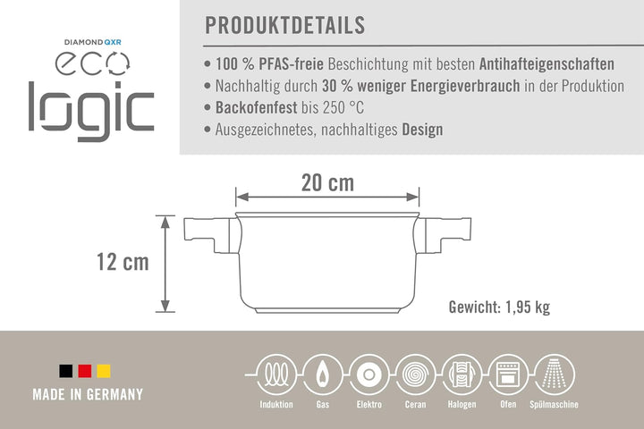 Woll Eco Logic QXR Topf, Ø 20 cm, 12 cm hoch, 3 Liter, mit 2 Seitengriffen - Geeignet für alle Herda