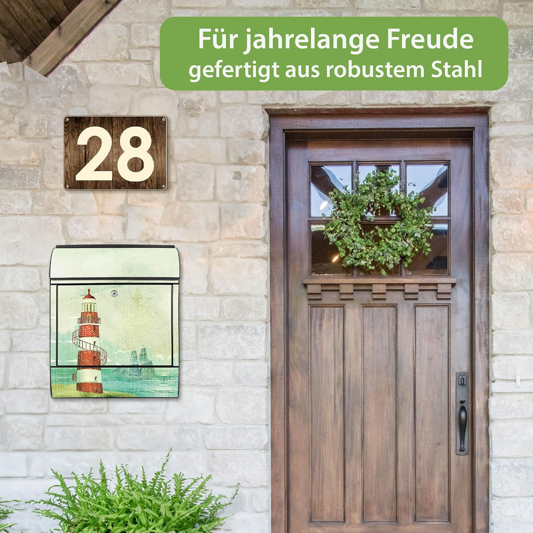 banjado® Design Briefkasten mit Motiv Alter Leuchtturm 39x47x14cm &amp; 2 Schlüssel - Briefkasten Stahl