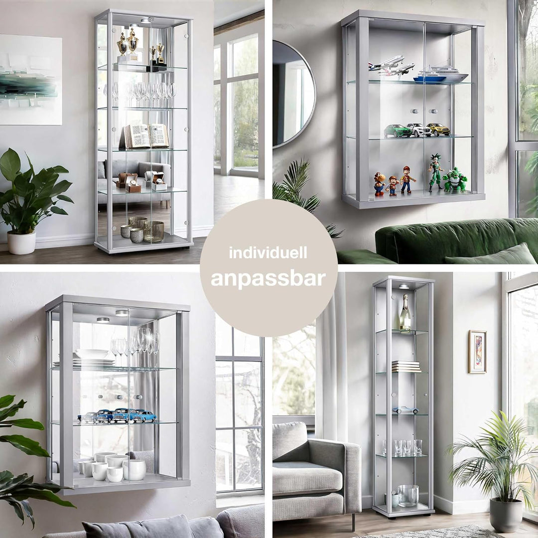 K-Möbel Hängevitrine Glas in Alu/Silber (80x60x25 cm) mit 2 höhenverstellbaren Glasböden - Modellaut