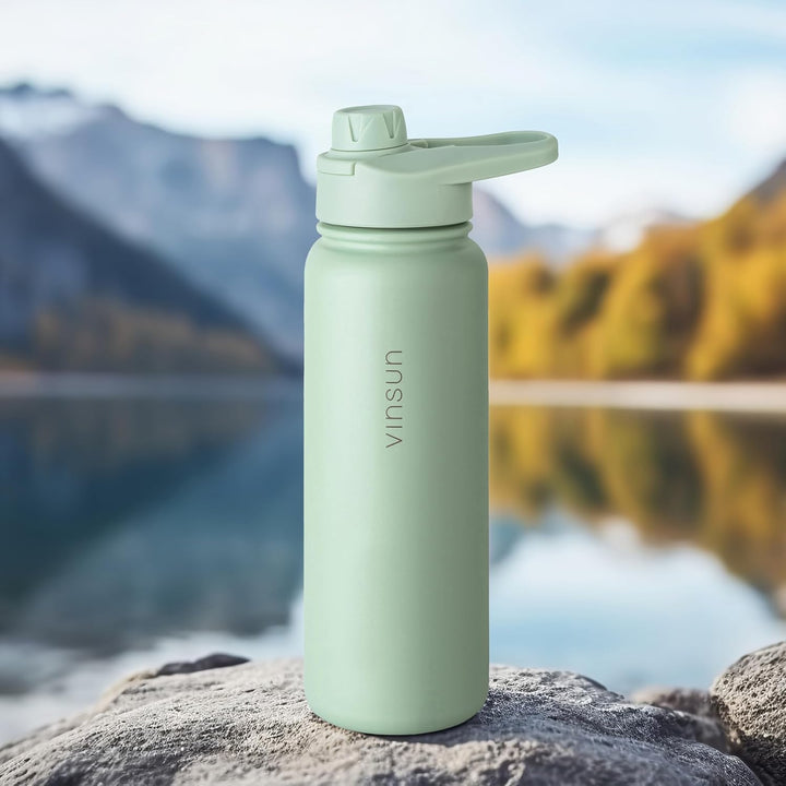 Vinsun Trinkflasche Edelstahl grün 750ml - auslaufsicher, Kohlensäure geeignet, BPA frei - Strohhalm