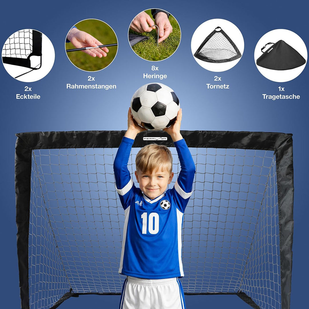 PEARL Sports Kinderfussballtor: 2er-Set Faltbare Kinder-Pop-up-Fussballtore, Outdoor, mit Tragetasch