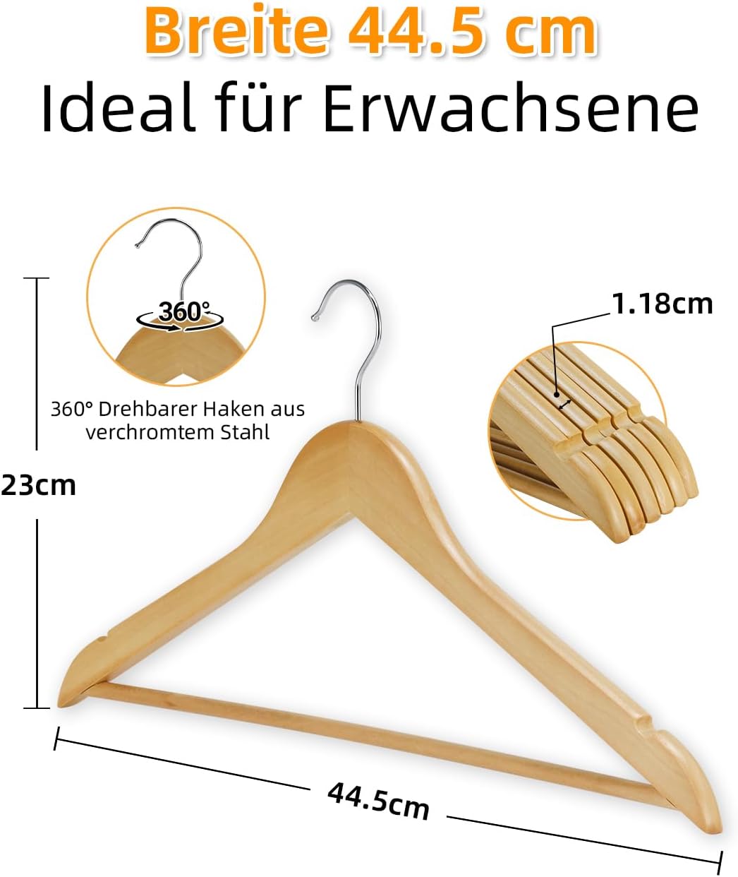 Hangerman Kleiderbügel Holz 20er Set, Massivholz Kleiderbügel mit rutschfestem Hosensteg, Einkerbung