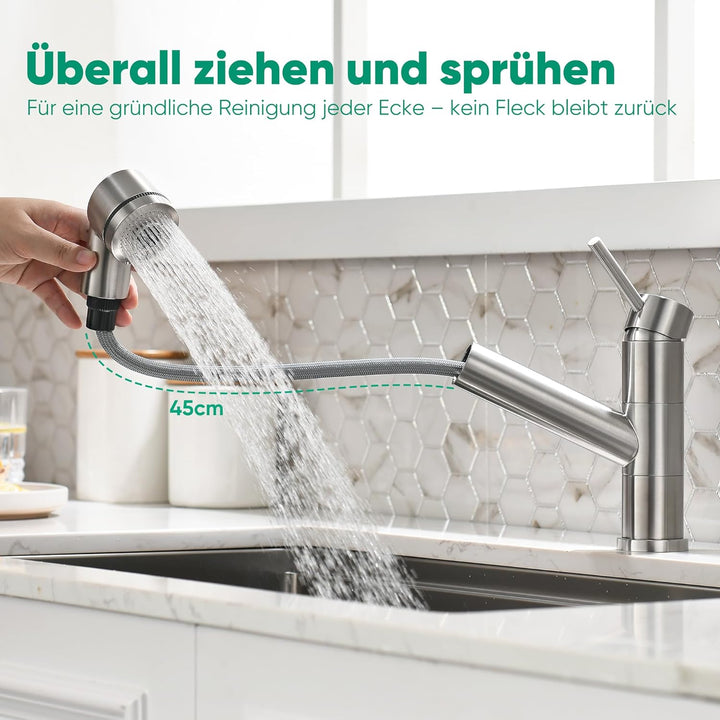 Wasserhahn Küche Spültischarmatur mit ausziehbarer Brause, usziehbarer Wasserhahn 360° schwenkbar zw