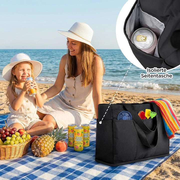 GAGAKU Strandtasche XXL/XL mit Kühlfach, Wasserfest Beach Bag mit Reissverschluss – Faltbar Gross Ba