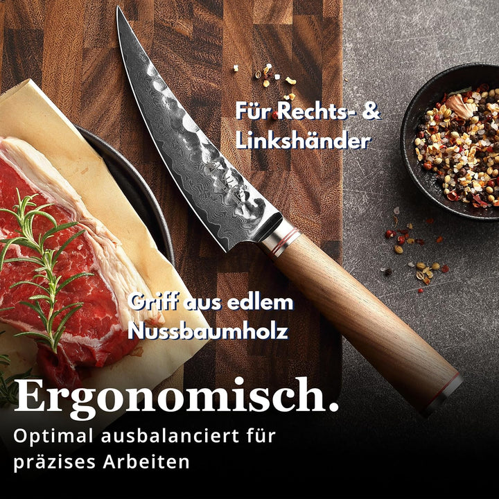 Wakoli Nussbaum Damast Ausbeinmesser Scimitar I Damast Küchemesser mit 16 cm Klinge gefertigt aus Da