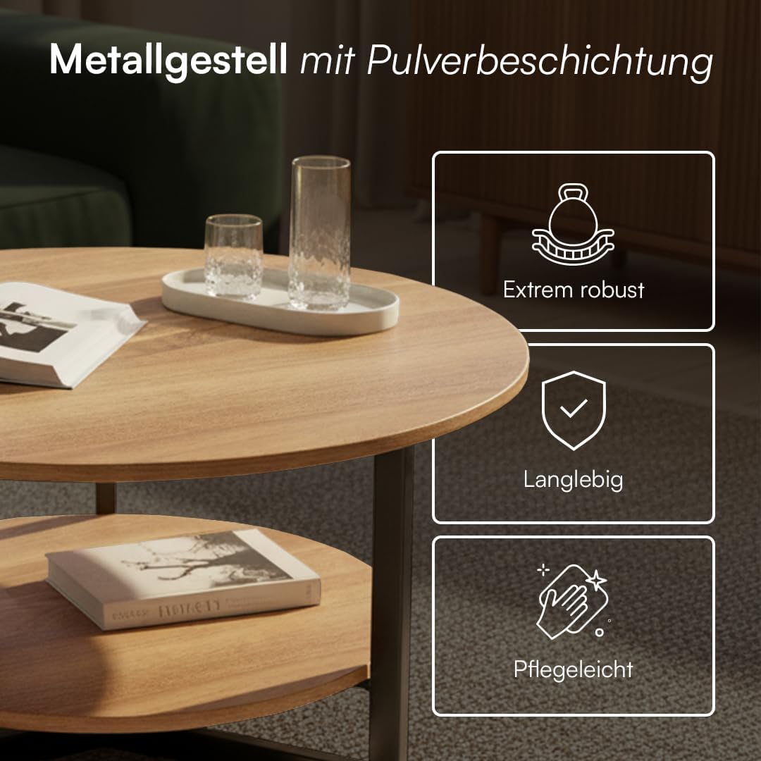 skølm Drakkar Couchtisch rund Ø70 cm – Wohnzimmertisch aus Massivholz Eiche & Metallgestell – Sofati