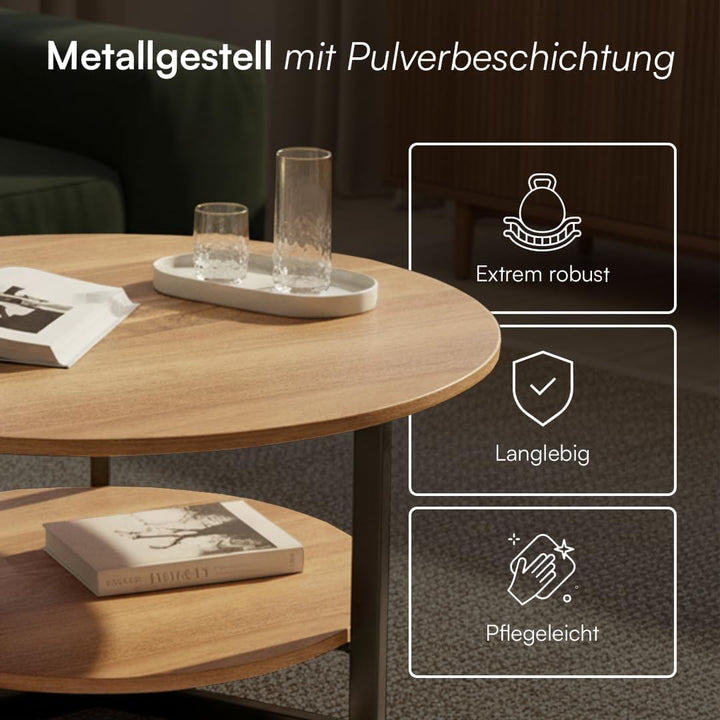 skølm Drakkar Couchtisch rund Ø70 cm – Wohnzimmertisch aus Massivholz Eiche & Metallgestell – Sofati