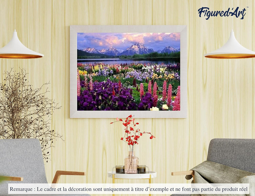 Figured'Art Malen Nach Zahlen Erwachsene Mit Rahmen Blumen und See am Fusse des Berges - Paint by Nu