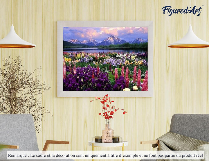 Figured'Art Malen Nach Zahlen Erwachsene Mit Rahmen Blumen und See am Fusse des Berges - Paint by Nu