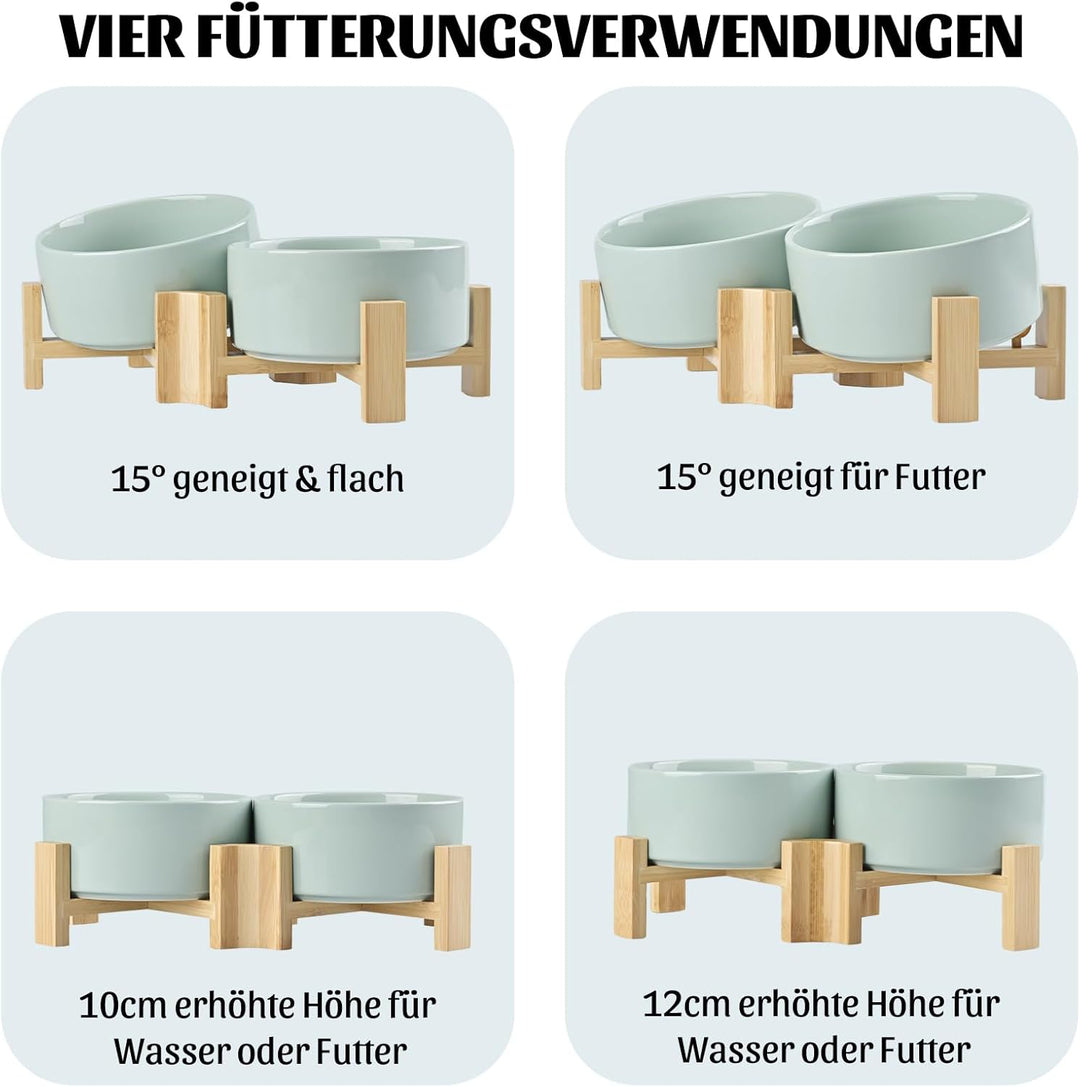 SPUNKYJUNKY 15° Kippbare Keramik Hundenapf mit Holzständer Futter und Wassernapf rutschfest für Hund