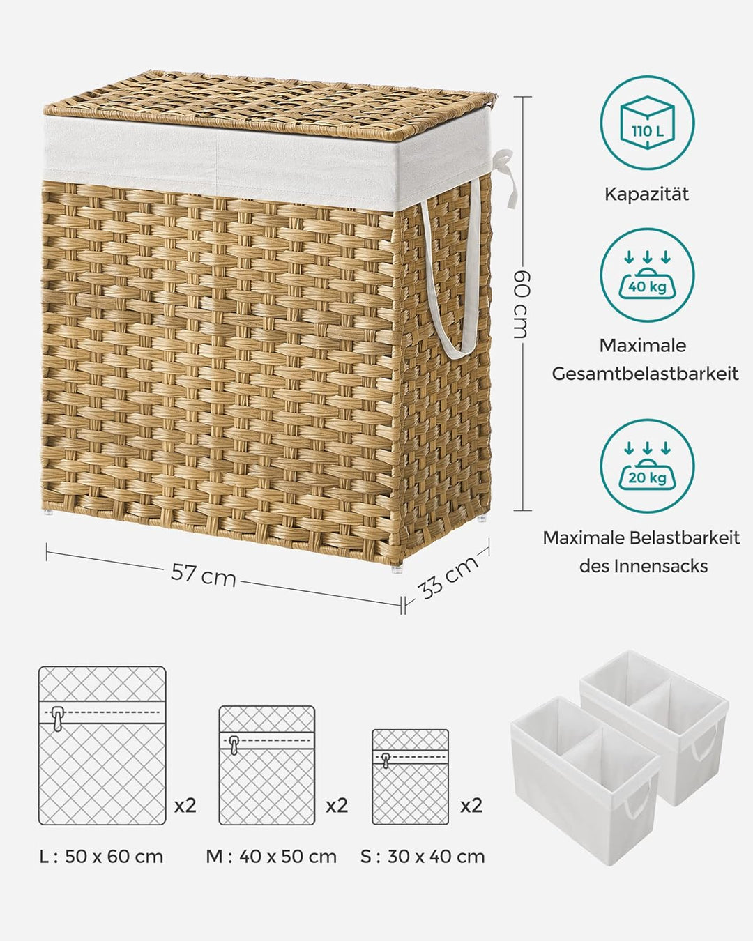 SONGMICS Wäschekorb handgeflochten, Wäschesammler aus synthetischem Rattan, mit Deckel und Griffen,