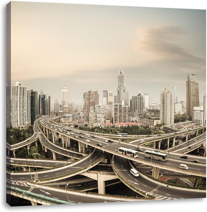Pixxprint Beeindruckende Shanghai Autobahn als Leinwandbild/Grösse: 70x70 / Wandbild/Kunstdruck/fert