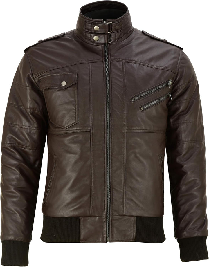 Vance Herren Echt Lederjacke aus 100% Lammleder Abnehmbarer Hoodie S Dunkelbraun, S Dunkelbraun