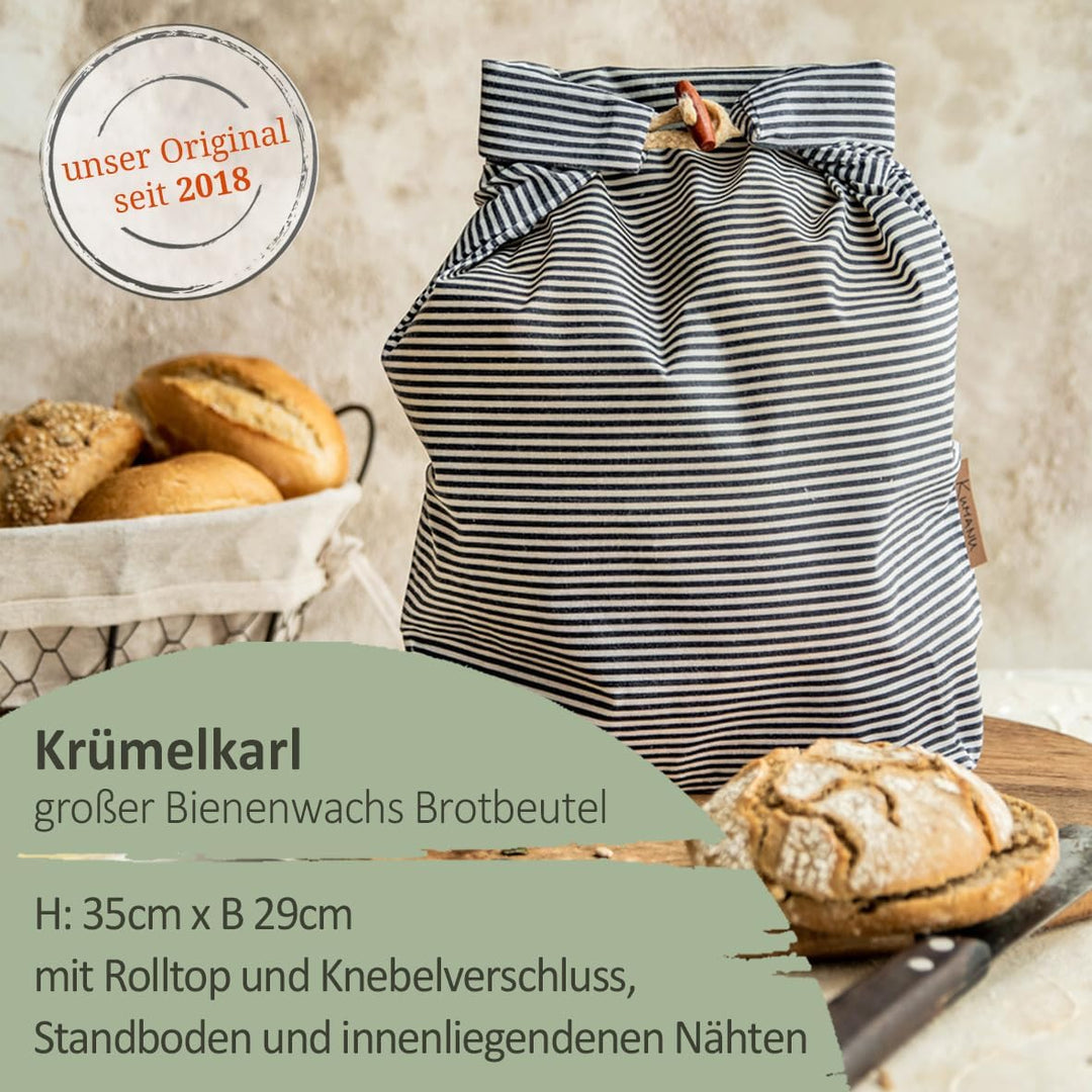 Kumanu | Bio-Bienenwachstuch - Brotbeutel KRÜMELKARL | H 35cm x B 29cm | mit Standboden und Verschlu