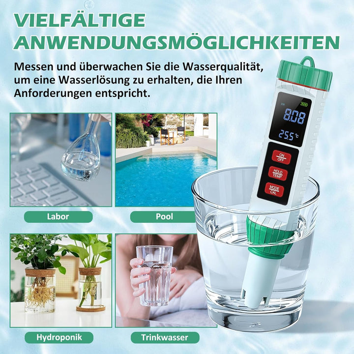 5 in 1 PH Messgerät Wasser, PH TDS EC Salzgehalt Temperatur Messgerät mit LED Display und Auto Tempe