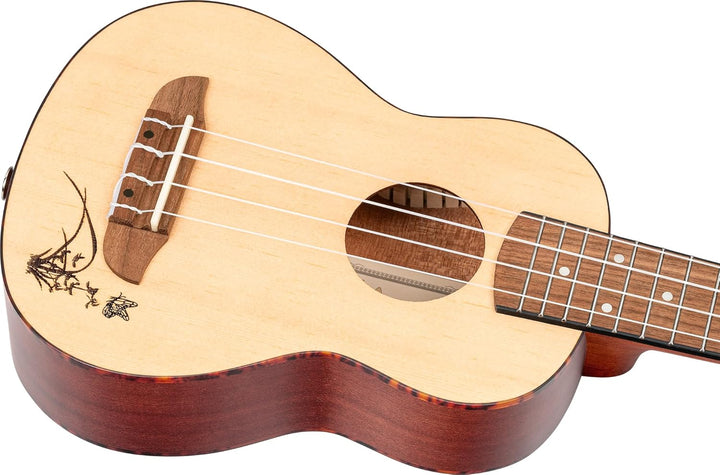 Ortega Guitars Soprano Ukulele - Bonfire Series - Fichtendecke mit lasergaviertem Motiv (RU5-SO)