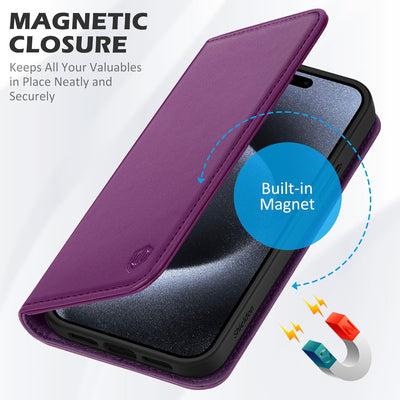 SHIELDON Hülle für iPhone 15 Pro Max, Handyhülle [Echtleder] [Verdicht TPU] [Kartenfach] [Magnet] Sc