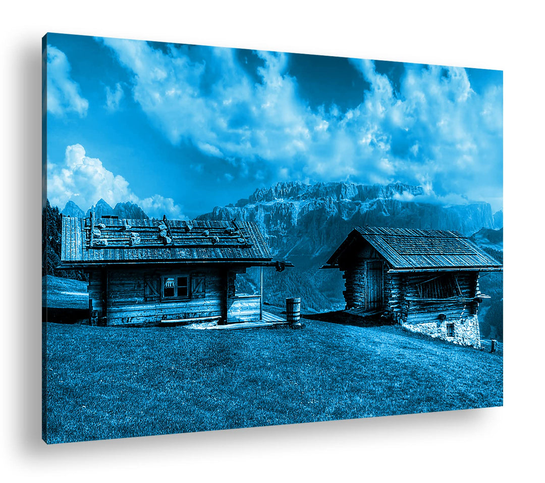 deyoli Alpen Holzhütten Format: 80x60 Effekt: Monocrome Blau als Leinwandbild, Motiv fertig gerahmt