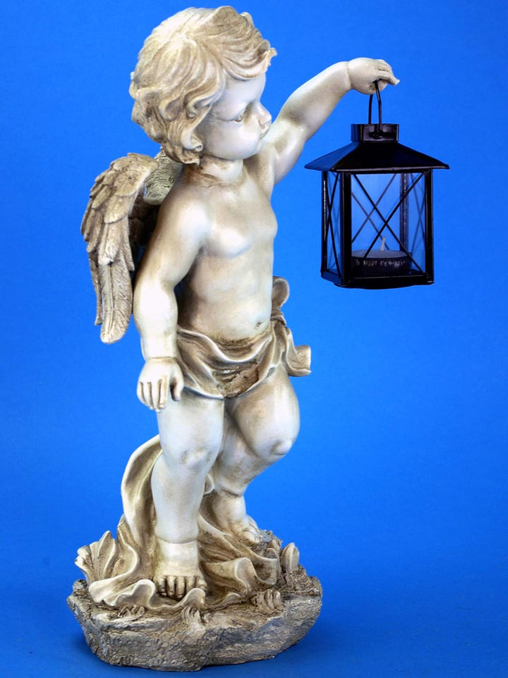 GeKi Trend 2er Set Engel Figuren mit Laterne Dekofigur Putte frostfest Gartendeko antik weiss Grabsc