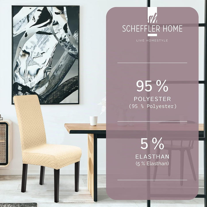 Scheffler-Home Stuhlhussen Emil Creme 4er Set Schachbrett Muster Karo 3D-Textur Stretch elastische S