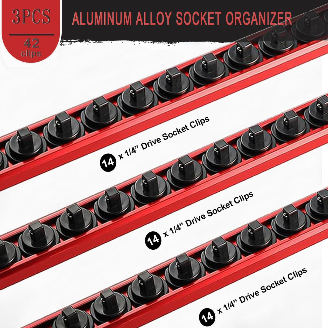 ACEBON Magnetische Stecknuss-Rail 3-tlg, Aluminium Steckschlüssel-Organizer mit 42 Drehbare Clips fü
