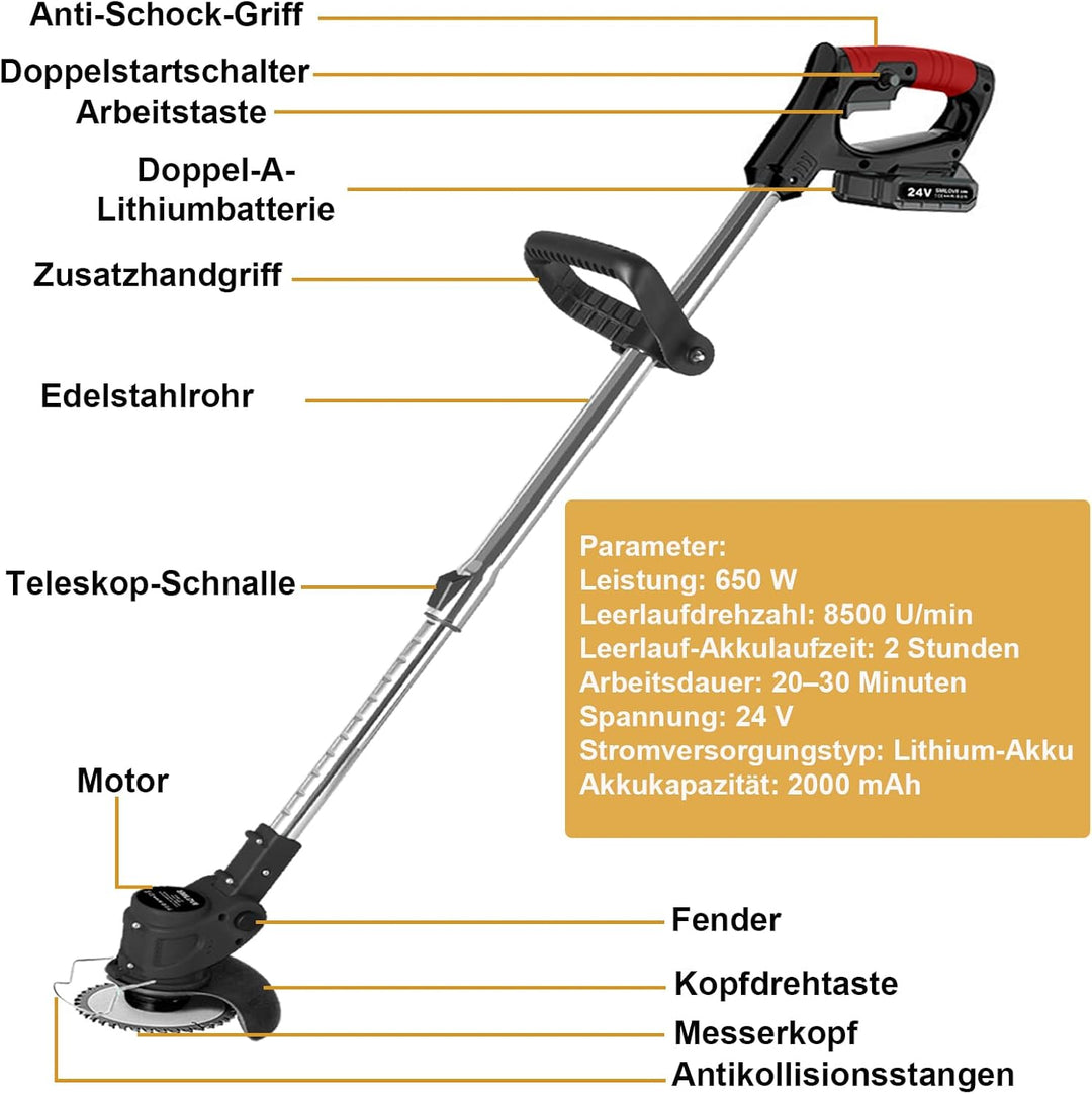 SMILOVII Rasentrimmer Mit Akku, Motorsense akku Mit 2x2000mAh Batterie, 6X Metallklinge & 10x Kunsts