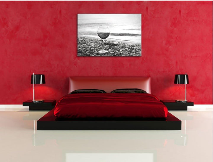 Pixxprint Weinglas am Steinstrand Kohle Zeichnung Effekt, Format: 100x70 auf Leinwand, 100x70
