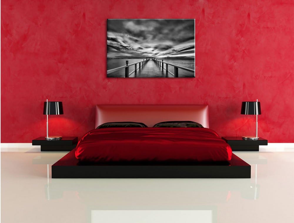 Pixxprint Monocrome, Endloser Steg ins Meer im Sonnenuntergang, Format: 100x70 auf Leinwand, 100x70