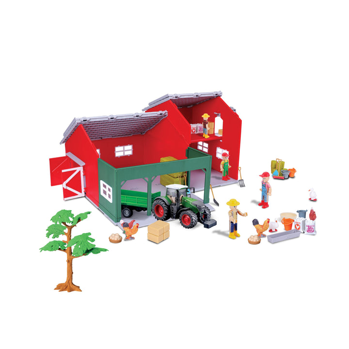 Bburago Farmland Set Fendt Farm Hütte: Spielset inklusive Spielfiguren und Traktor mit Schwungrad-An