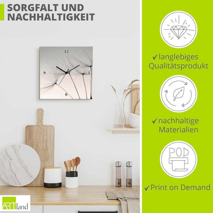 ARTLAND Wanduhr ohne Tickgeräusche Leinwand Quarzuhr 30x30 cm Quadratisch Lautlos Blumen Pusteblume