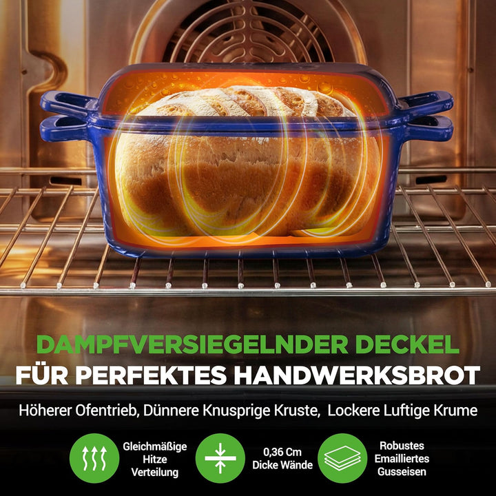 NutriChef Gusseisen Topf - Brotbacktopf - mit Deckel - 25,4 cm ovaler Brottopf mit Silikonhandschuhe