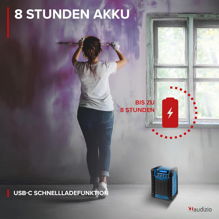 Audizio Jobsite - Baustellenradio DAB Plus Radio mit Bluetooth 5.0, Akku 8h, 100 Watt Leistung, IP54