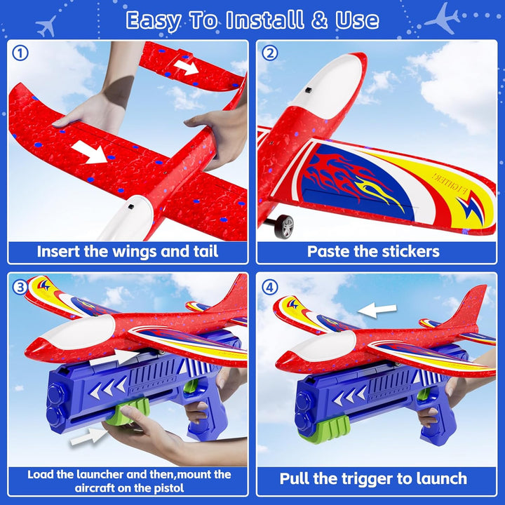 Doloowee Jungen Flugzeug Spielzeug, 3 styroporflieger mit 1 Katapult, 2 Flug Modi & LED Beleuchtung,