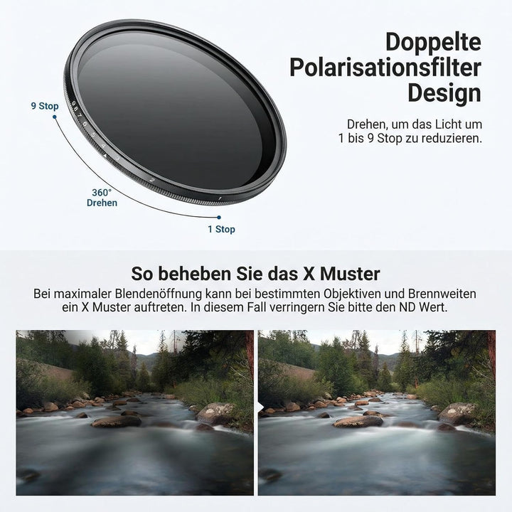 NEEWER BASICS 62mm variabler ND Filter, ND2-400 1-9 Stops Lichtreduzierung, drehbarer variabler Grau