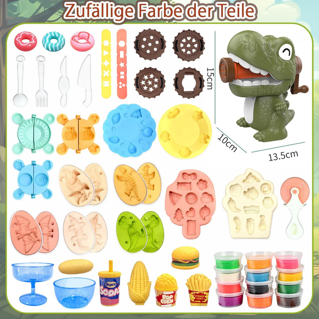 Dinosaurier Knete Set 42-teilig mit Kitchen Creations Nudelmaschine,5 Dino Eierformen,12 Farben Knet