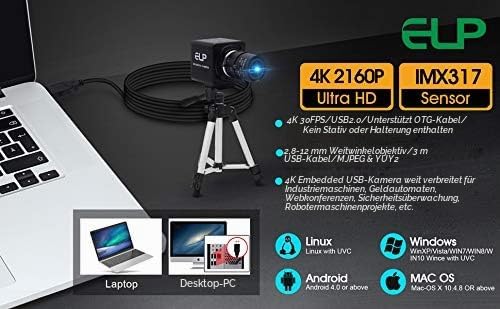 ELP 4K Web Kamera,Ultra HD IMX317 USB Kamera mit 5-50mm Zoom Objektiv,PC Mini Webkamera Unterstützun
