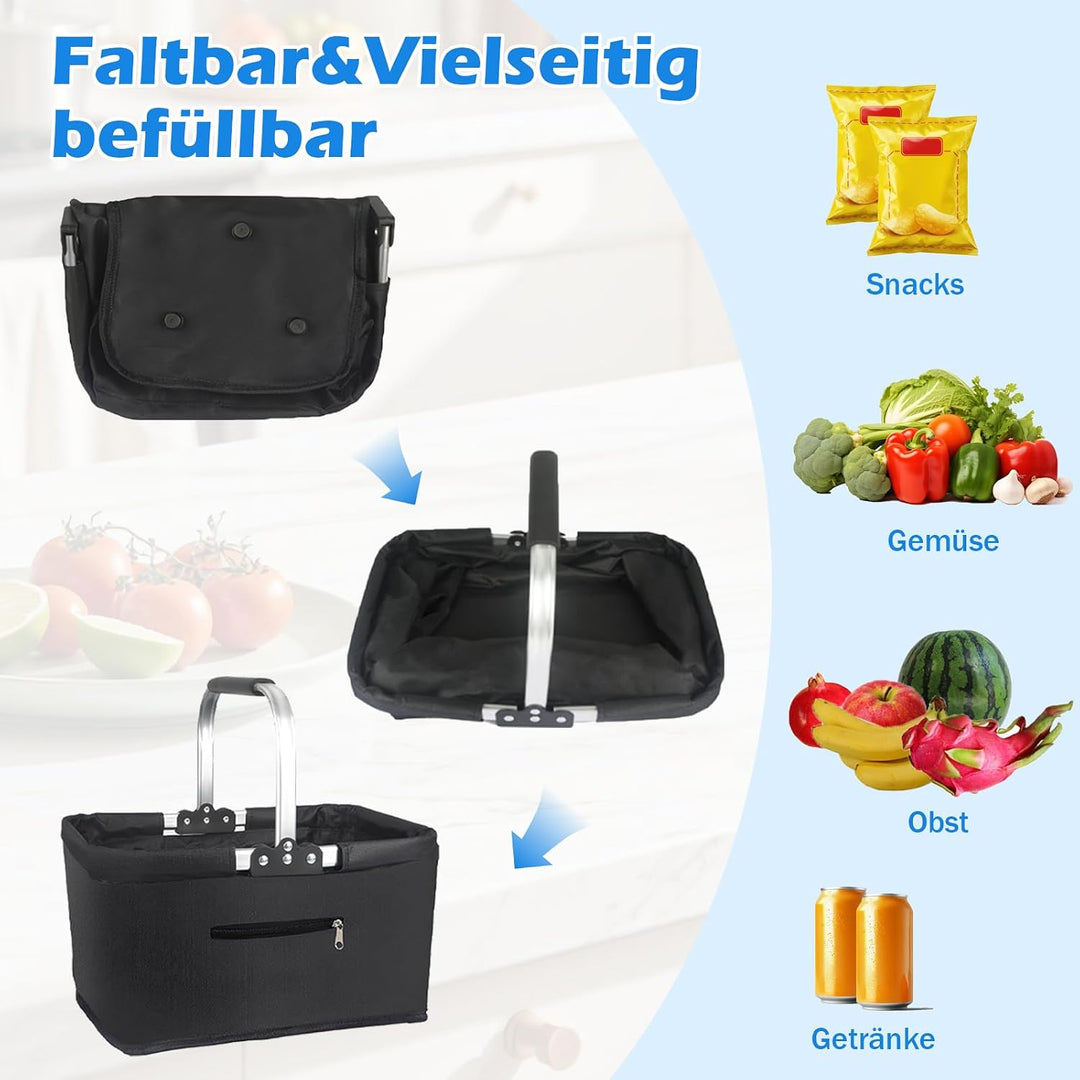 Einkaufskorb Faltbar 25L, Klappbarer Einkaufskorb mit gepolsterten Griffen und Reissverschlusstasche