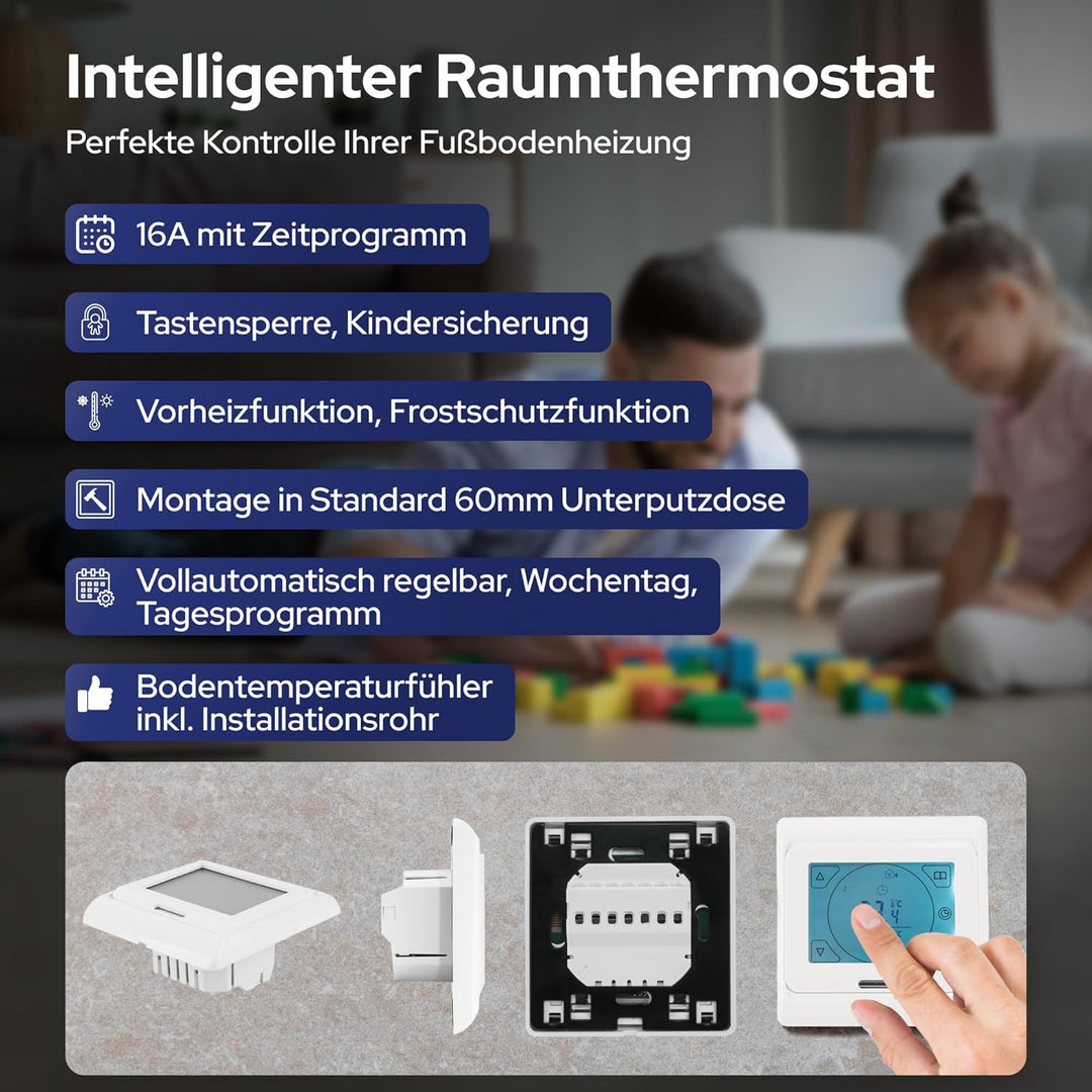 VILSTEIN© Elektrische Fussbodenheizung (1m² / 2m lang / 0,5m breit) Elektro Fussboden-Heizmatte 150W