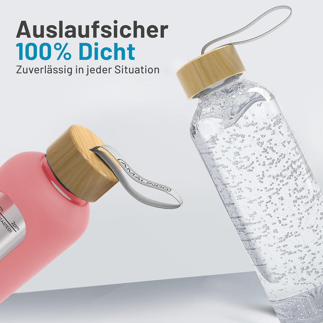 Amalindo Trinkflasche 1l Glas Bruchsicher, Wasserflasche, Glasflasche 1 Liter, Trinkflasche Glas 1l,