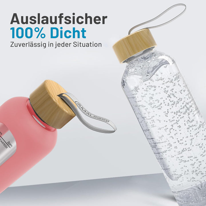Amalindo Trinkflasche 1l Glas Bruchsicher, Wasserflasche, Glasflasche 1 Liter, Trinkflasche Glas 1l,