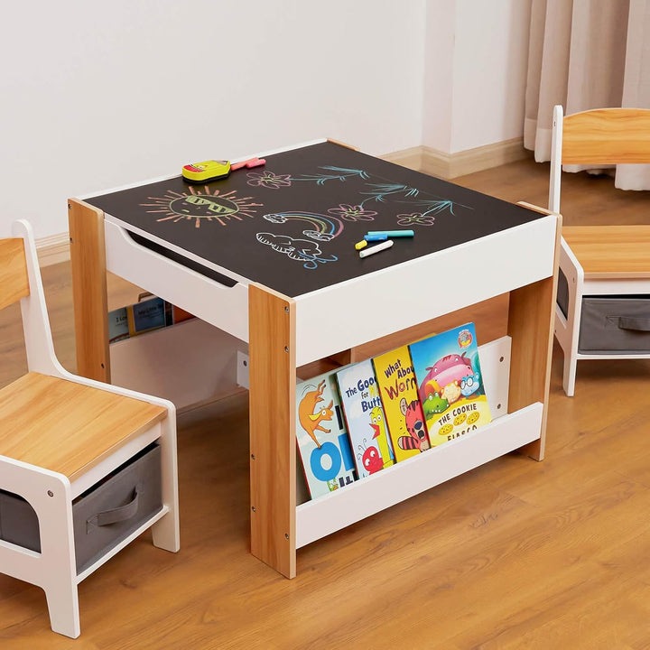 Yorbay Kindertisch mit 2 Stühle, Kindermöbel Set aus Holz mit Stauraum und Bücherregalen, 3 in 1 Mal