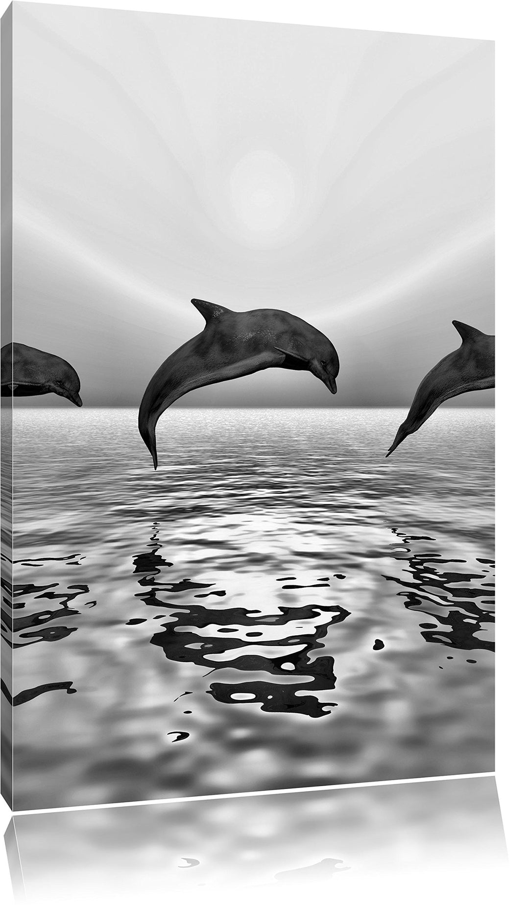 Pixxprint Monocrome, springende Delfine im Sonnenuntergang, Format: 100x70 auf Leinwand, 100x70